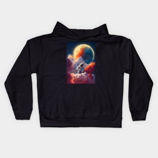 Astronaut sitting on clouds with red smoke in space with moon in the background Kids Hoodie